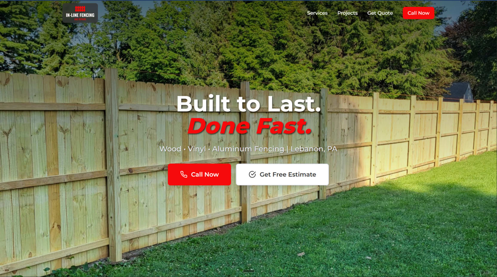 In-Line Fencing & Repairs hero section featuring residential fence installation