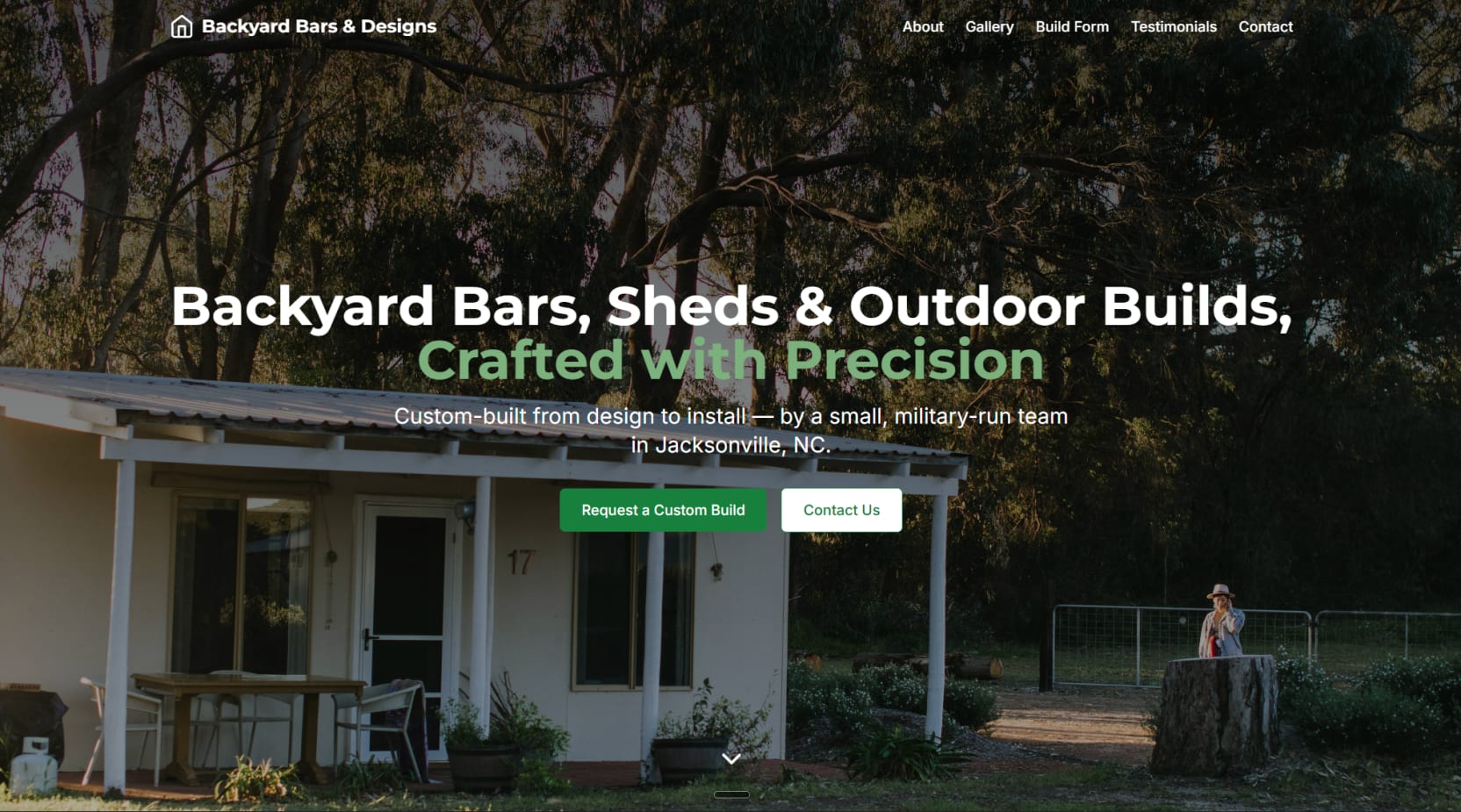 Backyard Bars & Designs hero section showing outdoor build branding
