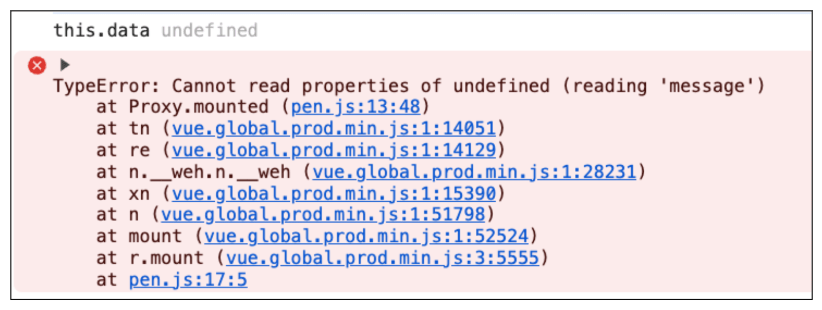 印出 Options API this.data 及 this.data.message 結果