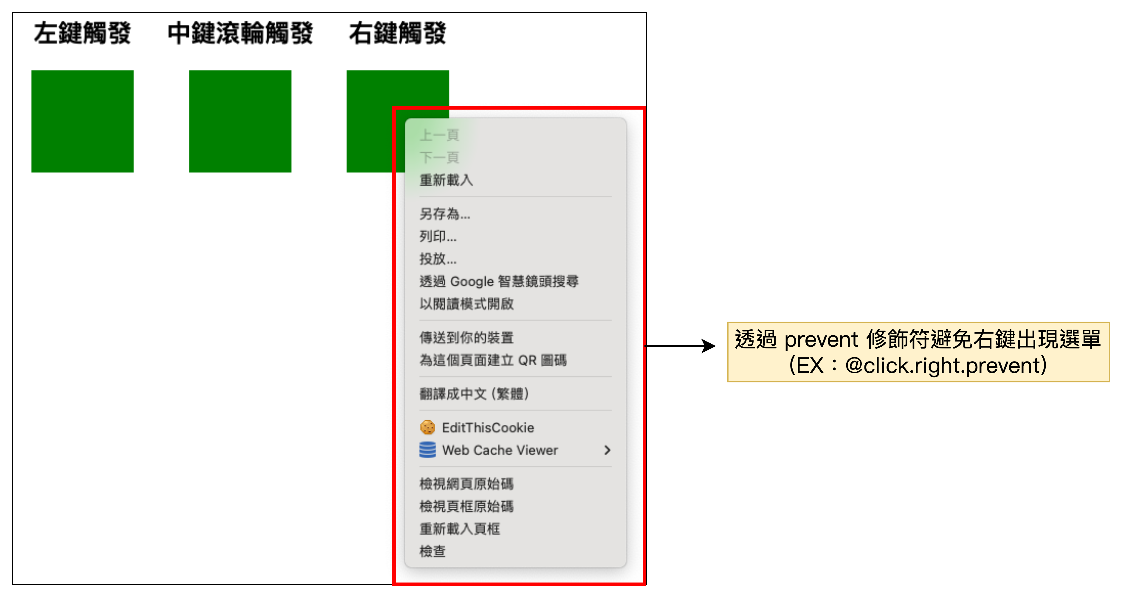 right 修飾符加 prevent 修飾符避免右鍵出現選單