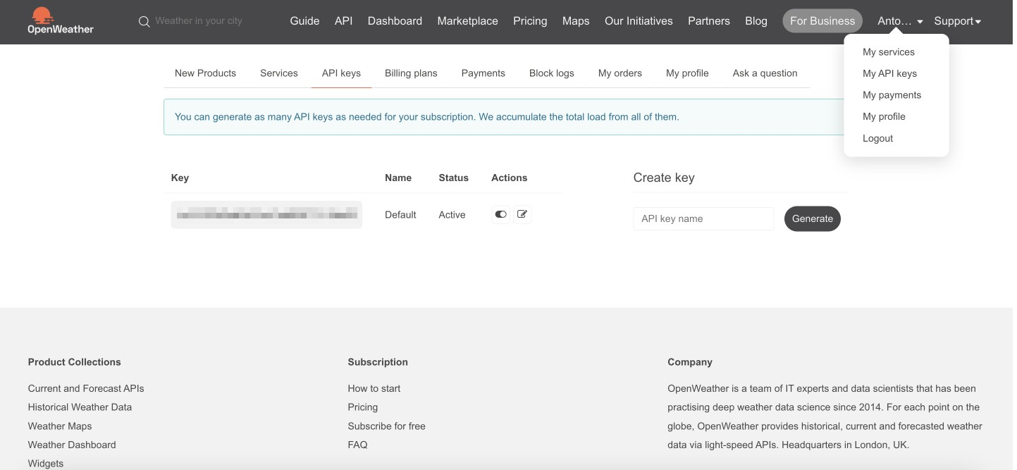 OpenWeatherMap API Key 畫面