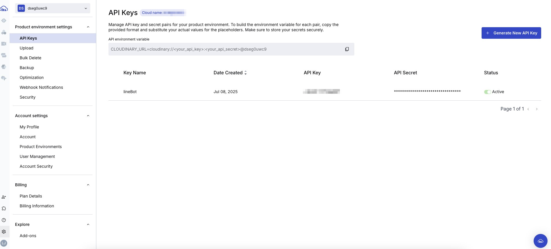 Cloudinary API Keys 畫面