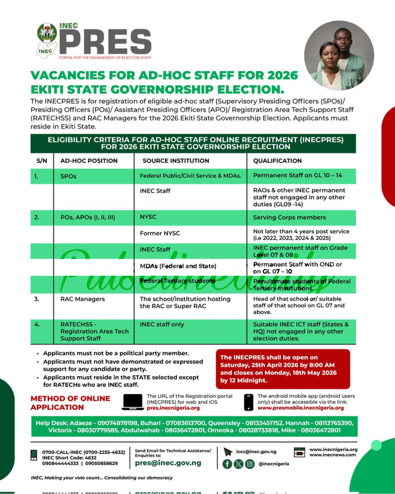 INEC Opens Ad-Hoc Staff Recruitment Portal for 2026 Ekiti Governorship Election How to Apply Before May 18 Deadline