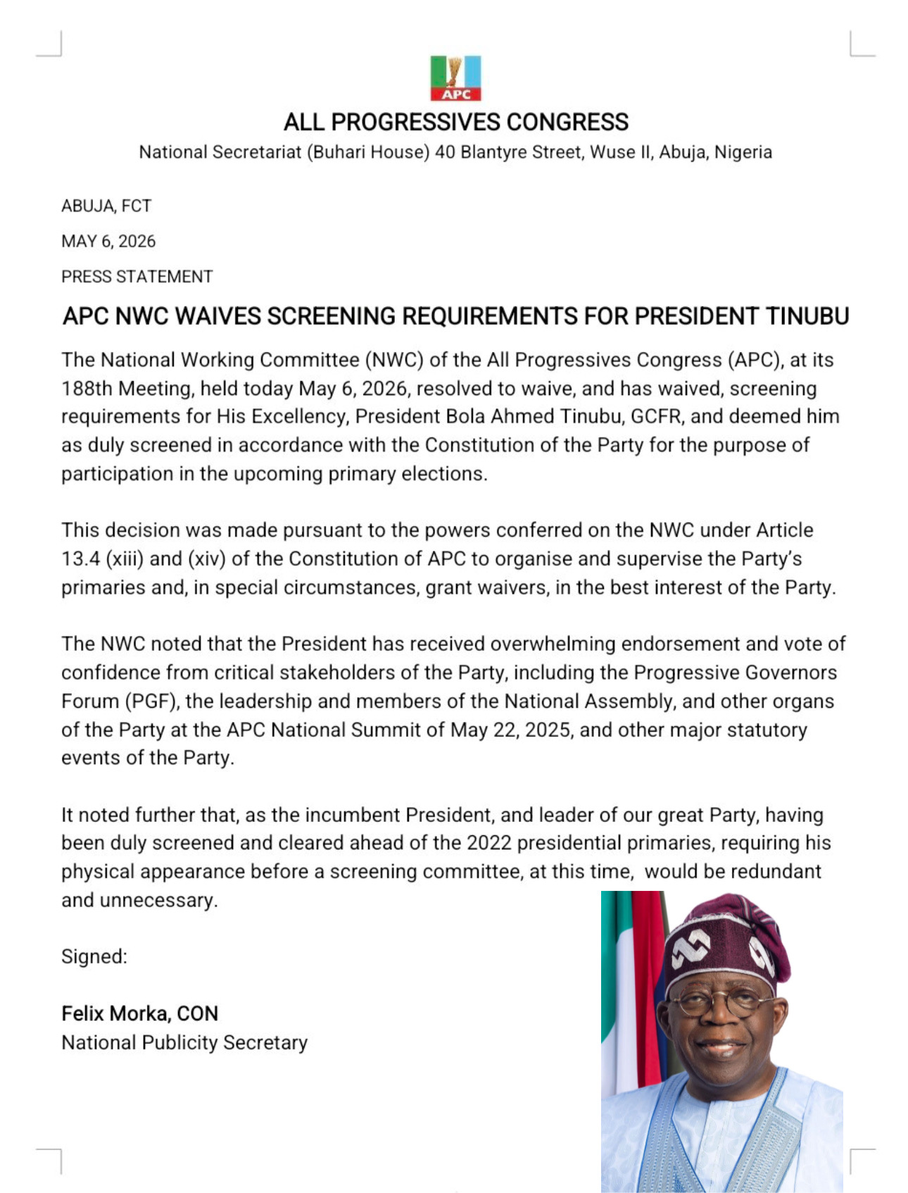 APC Waives Tinubu’s Screening Requirements, Clearing Path to Uncontested 2027 Presidential Primary