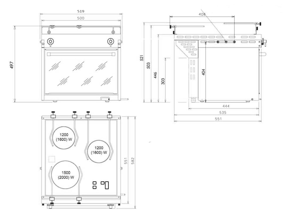Technical drawing of the Orizzonte gimballed marine induction cooker with oven