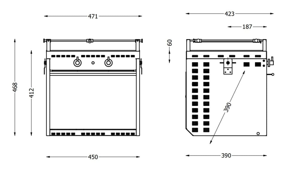 Technical drawing of the Compacta gimballed marine induction cooker with oven