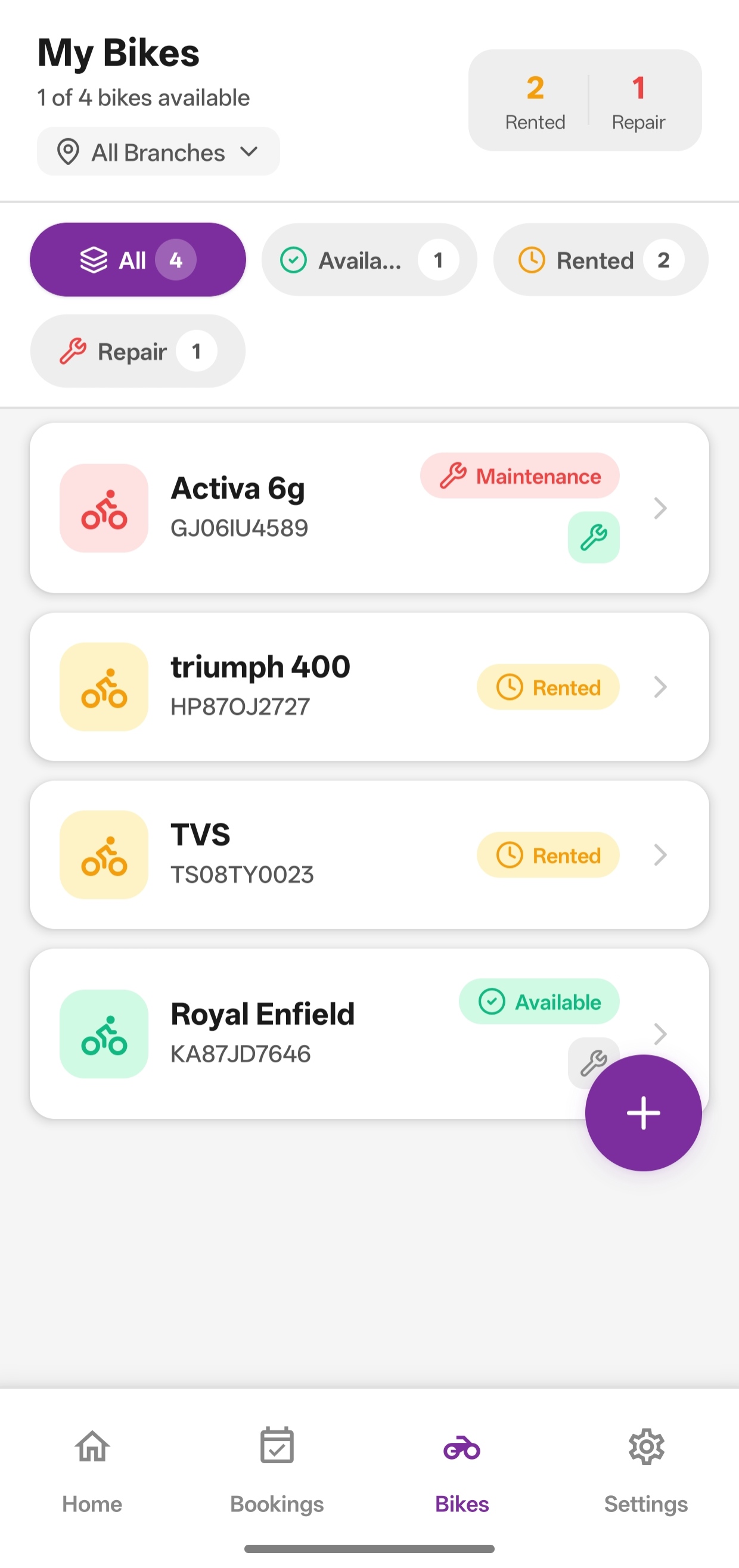 Fleet list in the Velosta vendor app