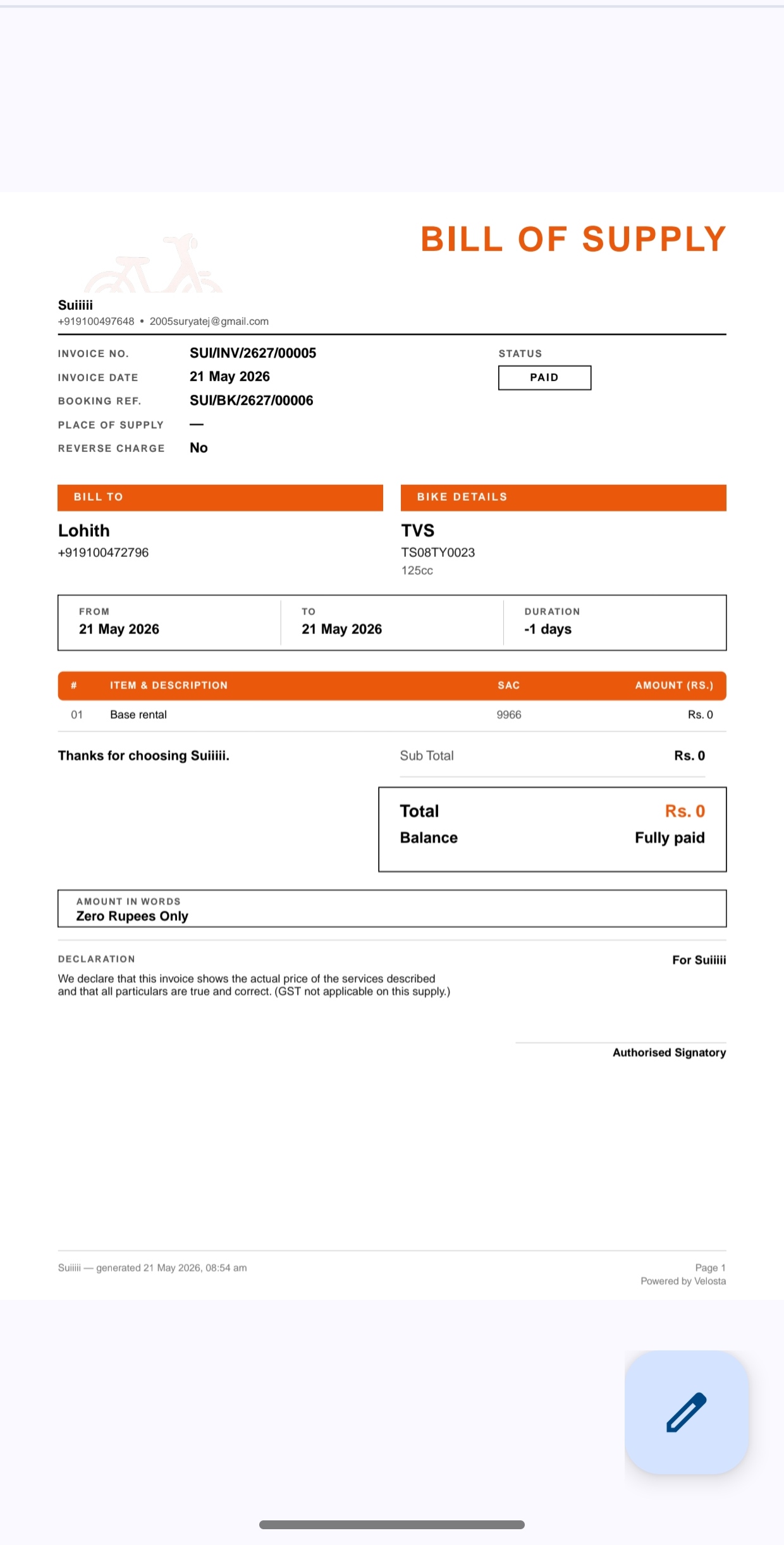 Sample GST-compliant bill from the Velosta app