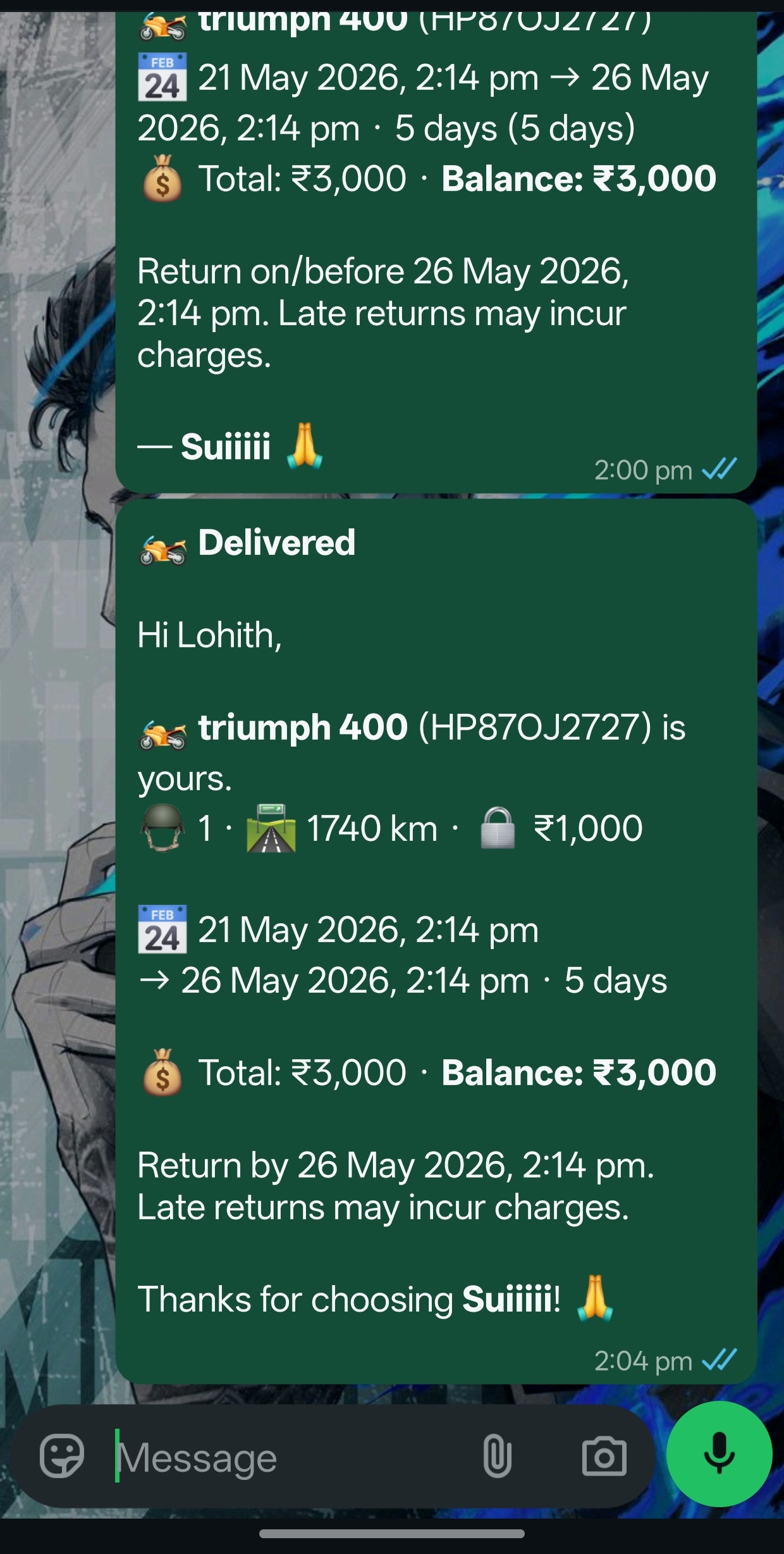 WhatsApp return reminder from Velosta