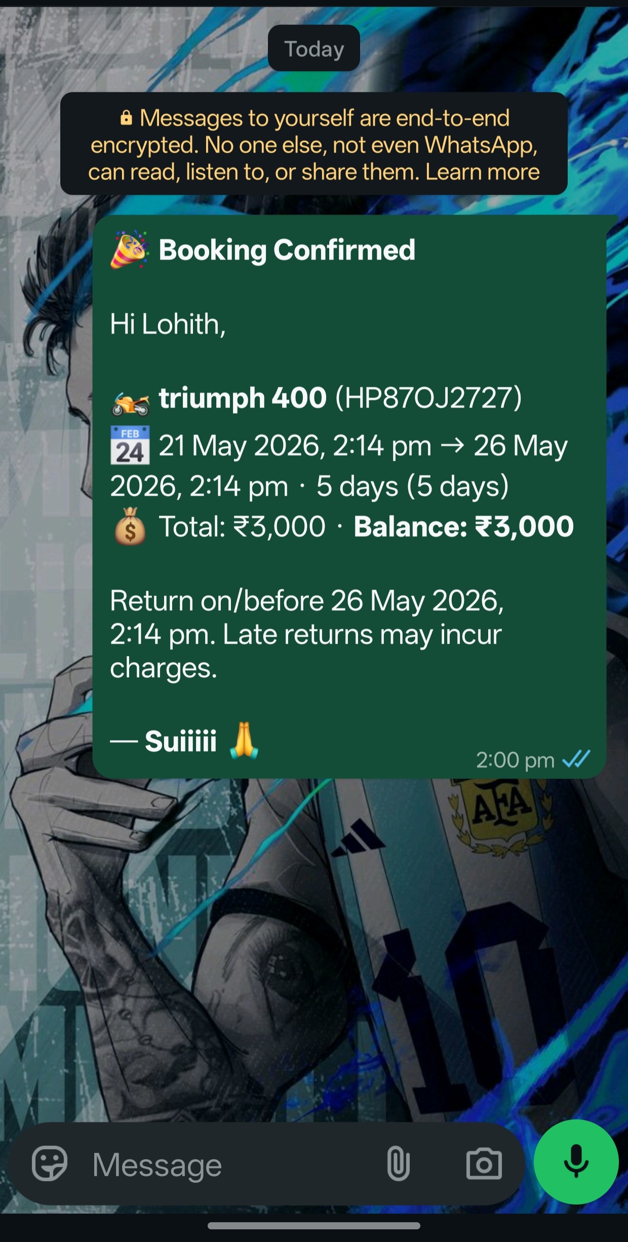 WhatsApp booking confirmation message from Velosta