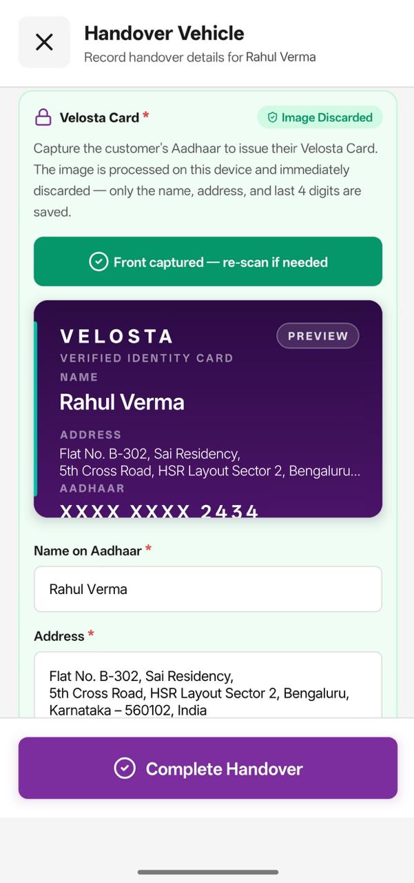 Aadhaar scan screen in the Velosta app