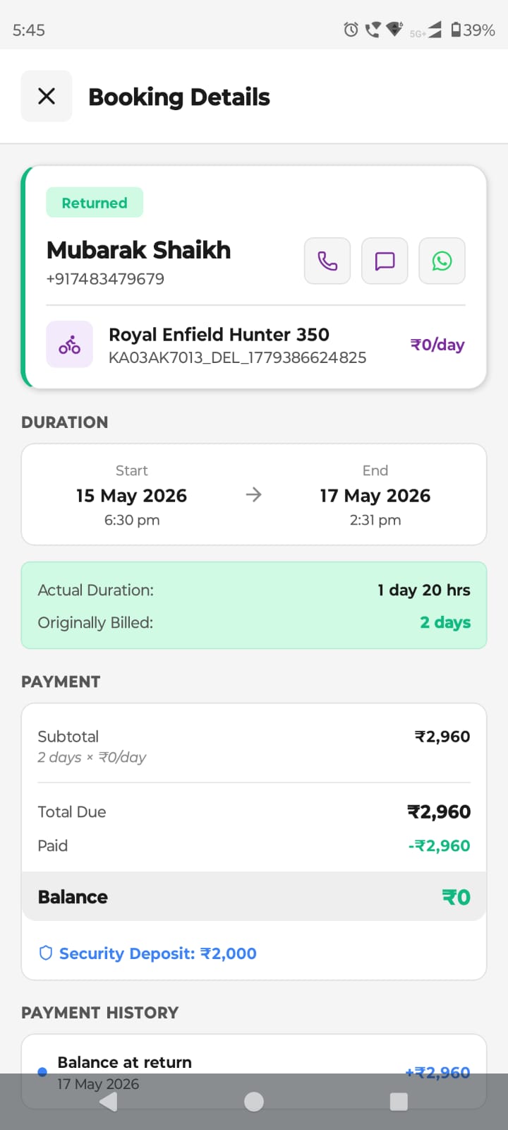 Booking detail in the Velosta vendor app