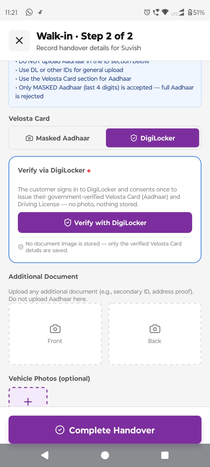 DigiLocker identity verification in the Velosta app