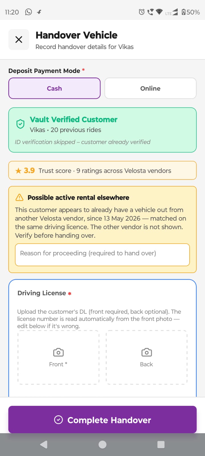 Customer rating from past rides in the Velosta app