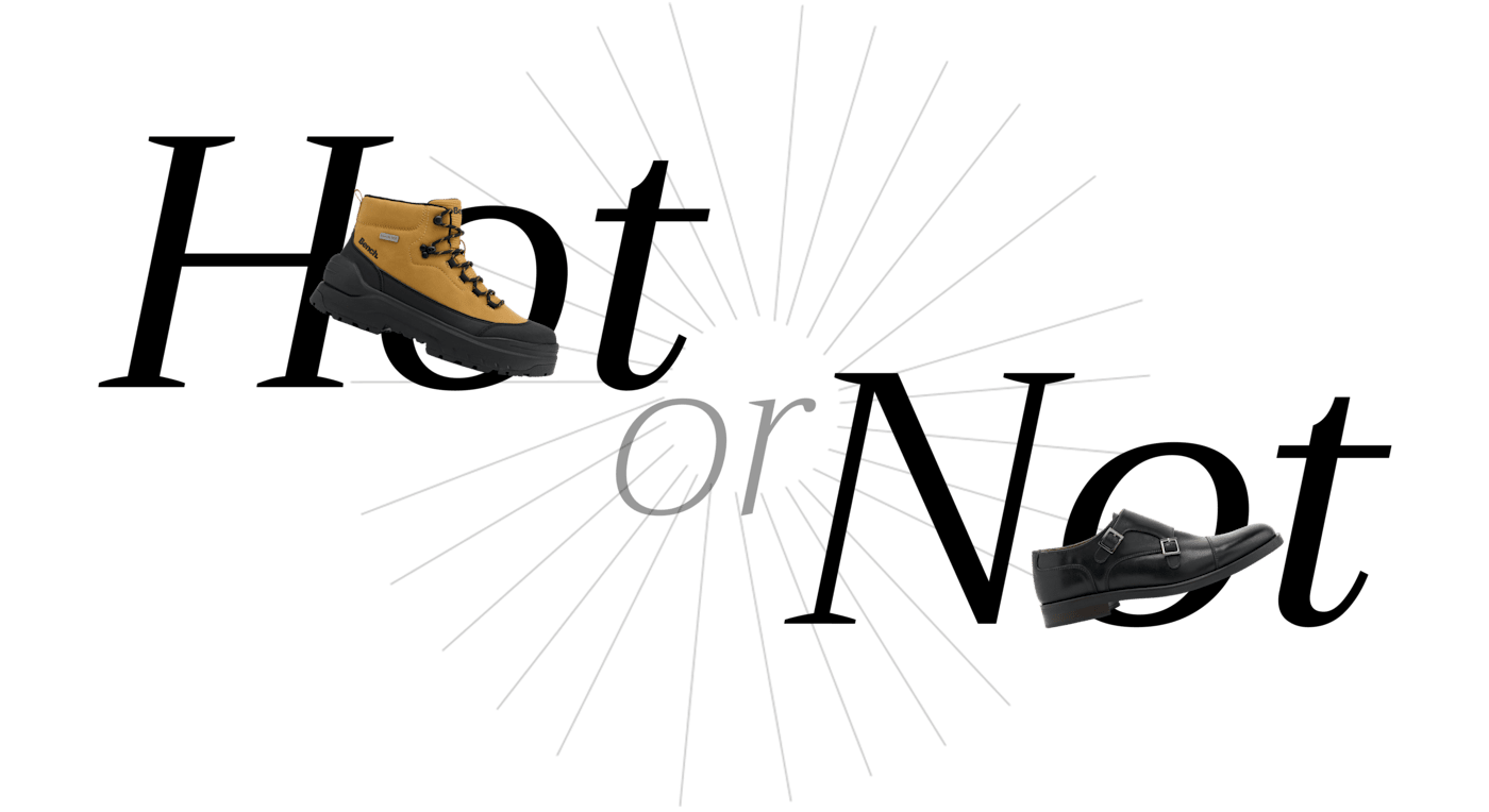 Schriftzug "Hot or Not" mit Schuhen-Freistellern, vor weißem Hintergrund, Thema Countryside vs. City