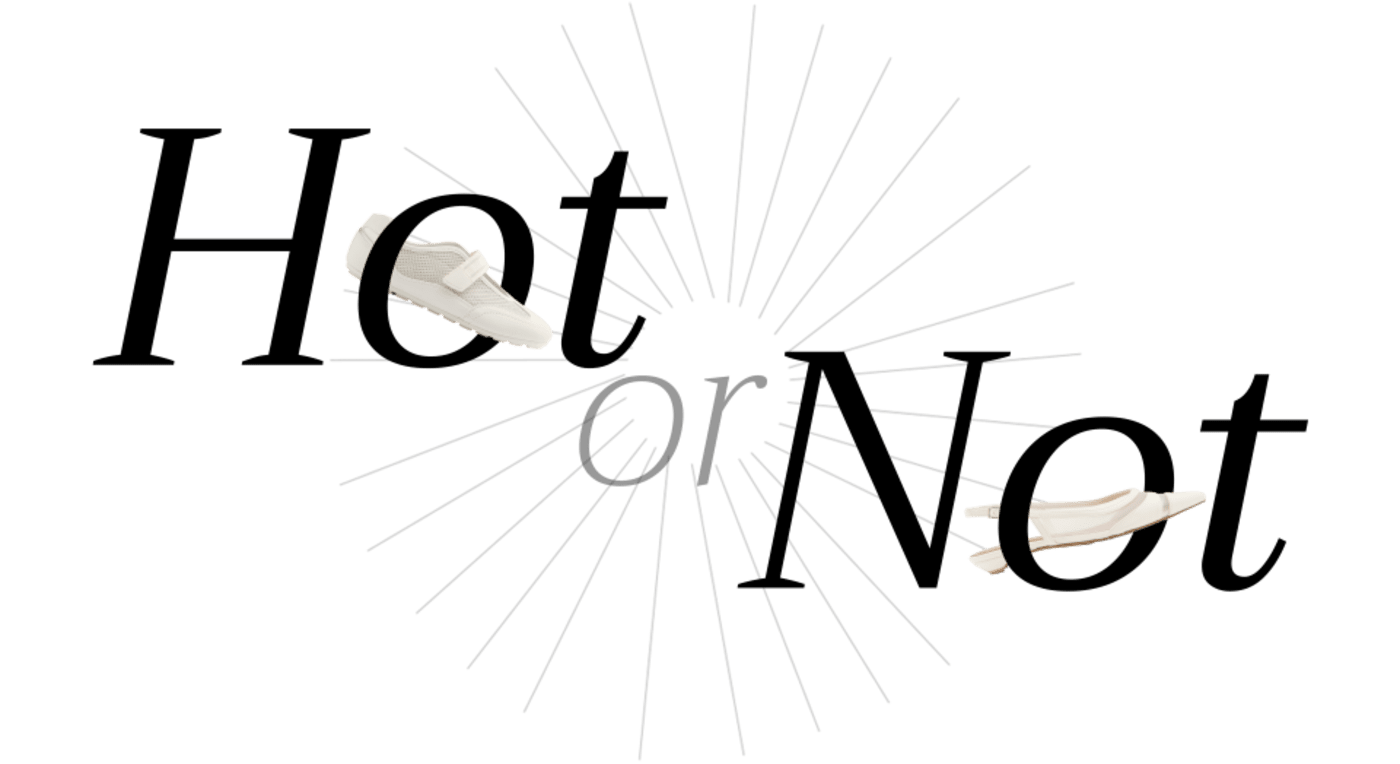 Schriftzug "Hot or Not" mit Schuh-Freistellern, Sneakerina und Pointy Flats im Hintergrund