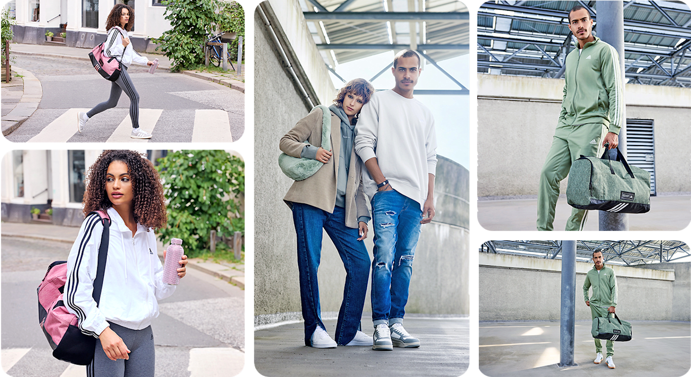 Collage mehrerer Bilder mit Frau und Mann in Alltagskleidung sowie im sportlich-entspannten Athleisure-Look 