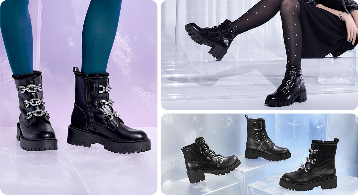 Collage mit mehreren Biker Boots in Schwarz, präsentiert am Fuß und freistehend