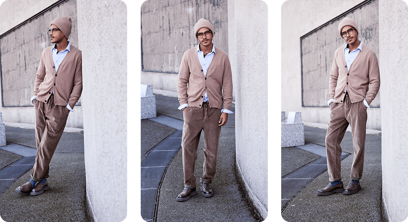 Collage dreier Bilder mit einem Mann im beigen Cardigan-Outfit, optisch angelehnt an den Grandpa-Style.
