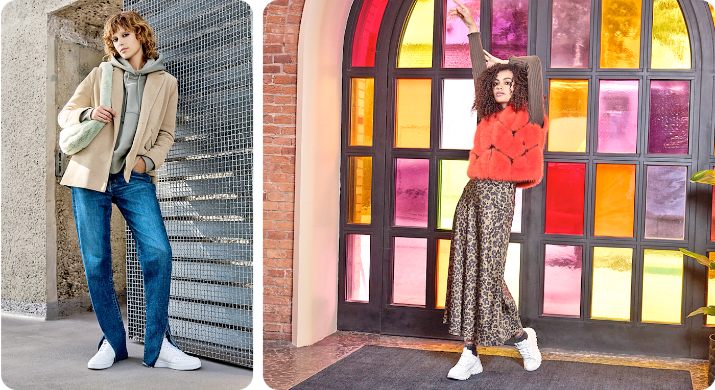 Collage mit zwei Frauen in unterschiedlichen Looks, eine stehend in einer urbanen Kulisse, die andere vor einem Buntglas-Fenster, beide in entspannten Outfits mit weißen Sneakern.