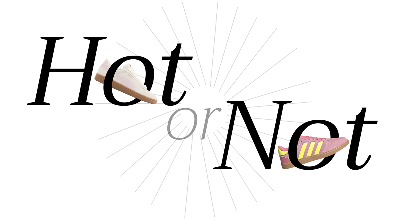 Schriftzug "Hot or Not" mit Schuh-Freistellern, vor weißem Hintergrund, Thema Pastellfarben
