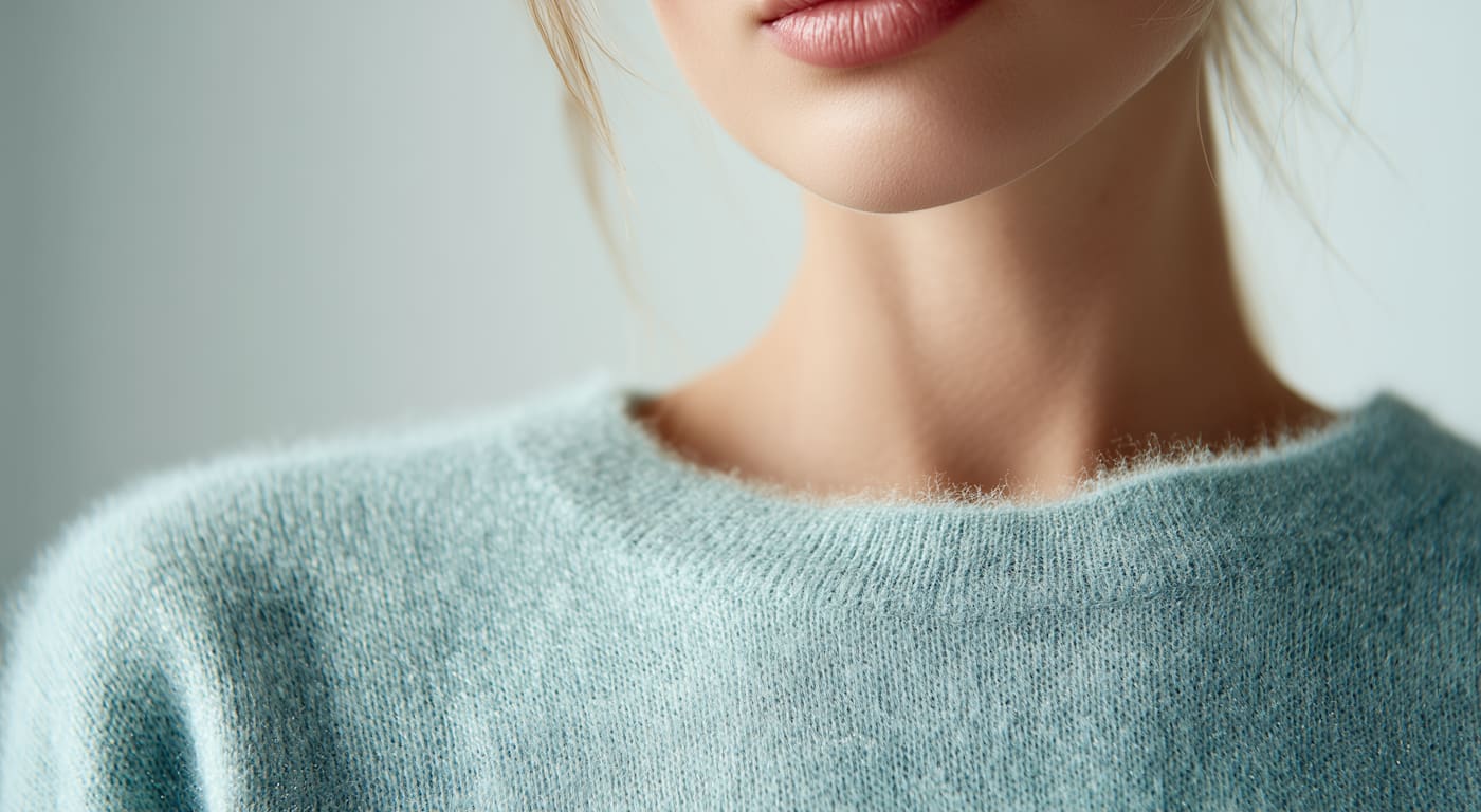 Frau trägt türkisfarbenen Kaschmir-Pullover