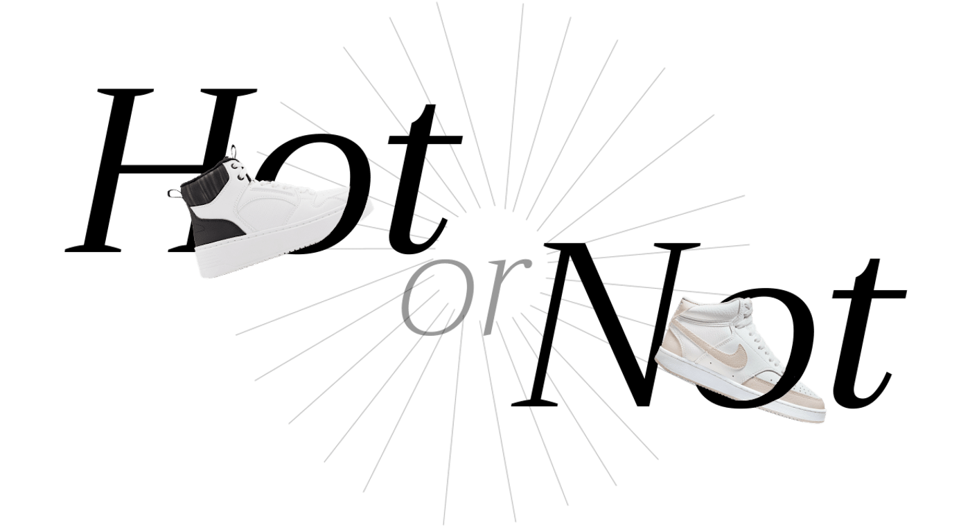 Schriftzug "Hot or Not" mit Sneaker-Freistellern, vor weißem Hintergrund, Thema High Top Sneaker