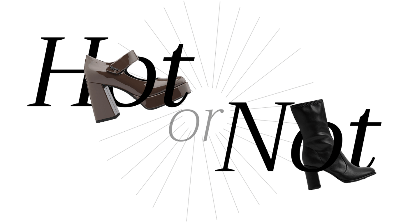 Schriftzug "Hot or Not" mit braunen und schwarzen Schuhen als Freisteller, vor weißem Hintergrund