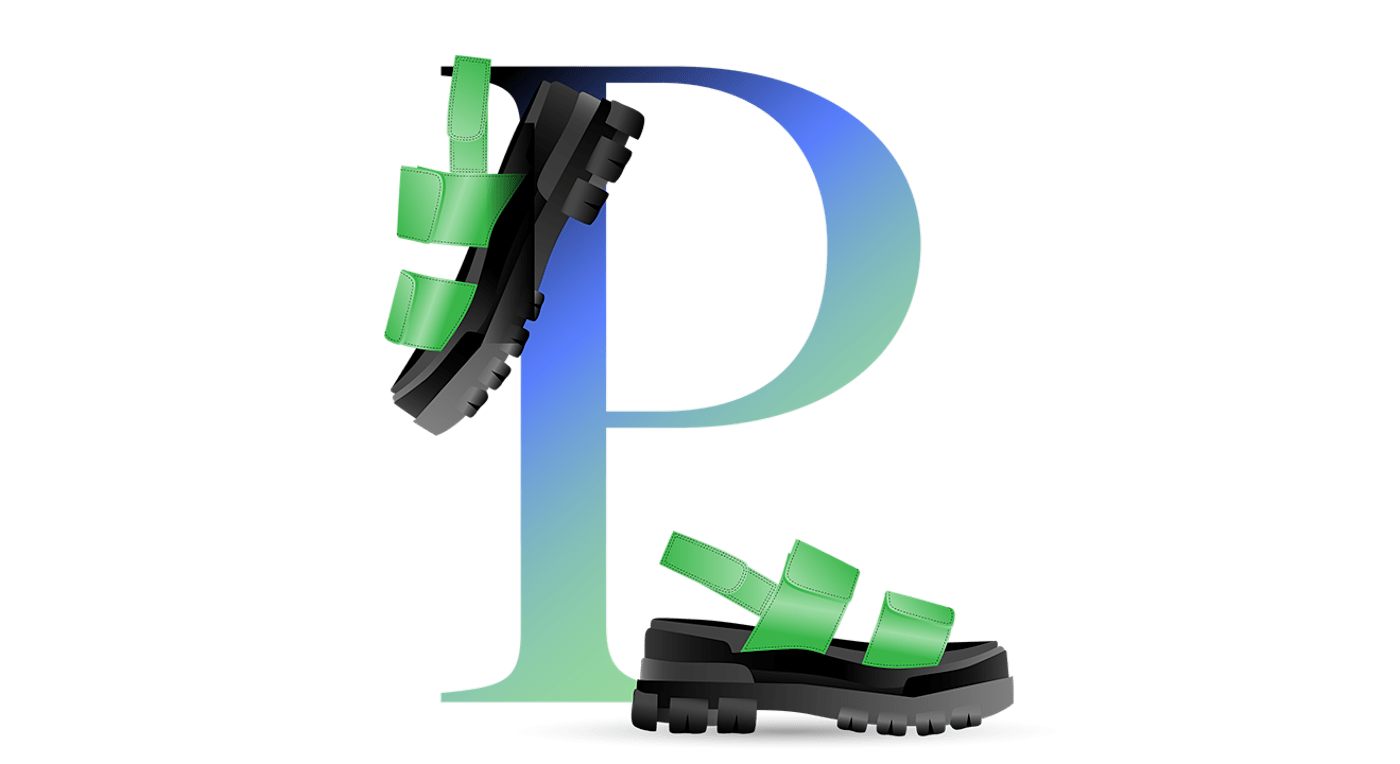 Illustration des Buchstabens P, symbolisch für Plateau-Schuhe