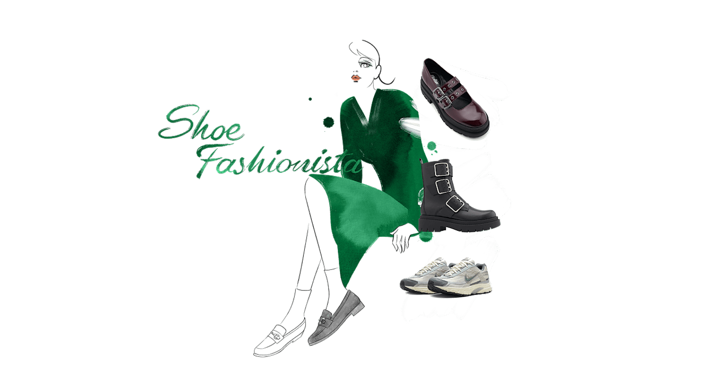 Illustration einer Frau in grünem Dress mit drei Schuhen neben sich, Schriftzug "Shoe Fashionista" im Bild