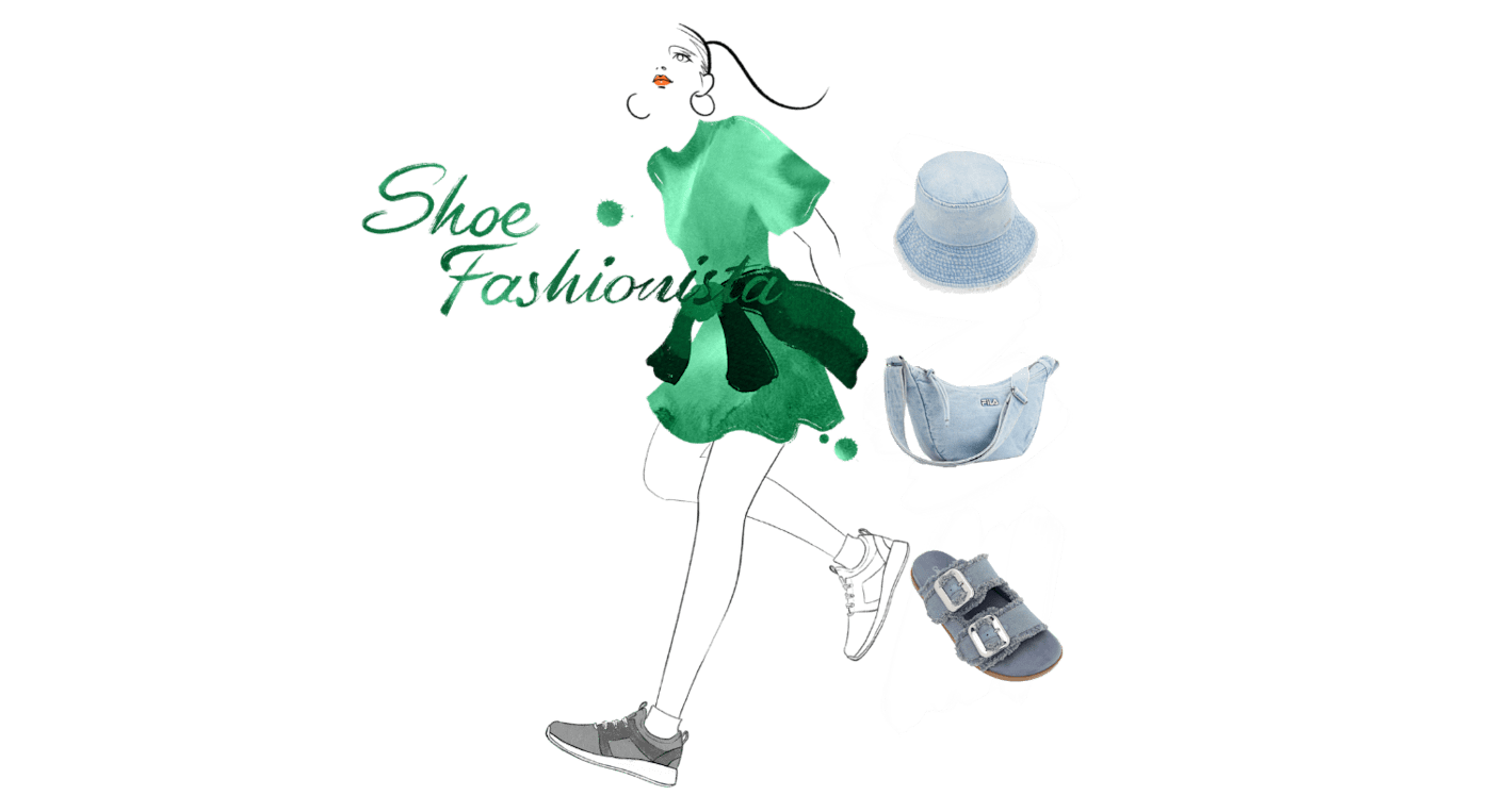 Aquarell-Stil-Zeichnung einer Frau mit grünem Kleid und Abbildung diverser Kleidungsstücke im Jeans-Look