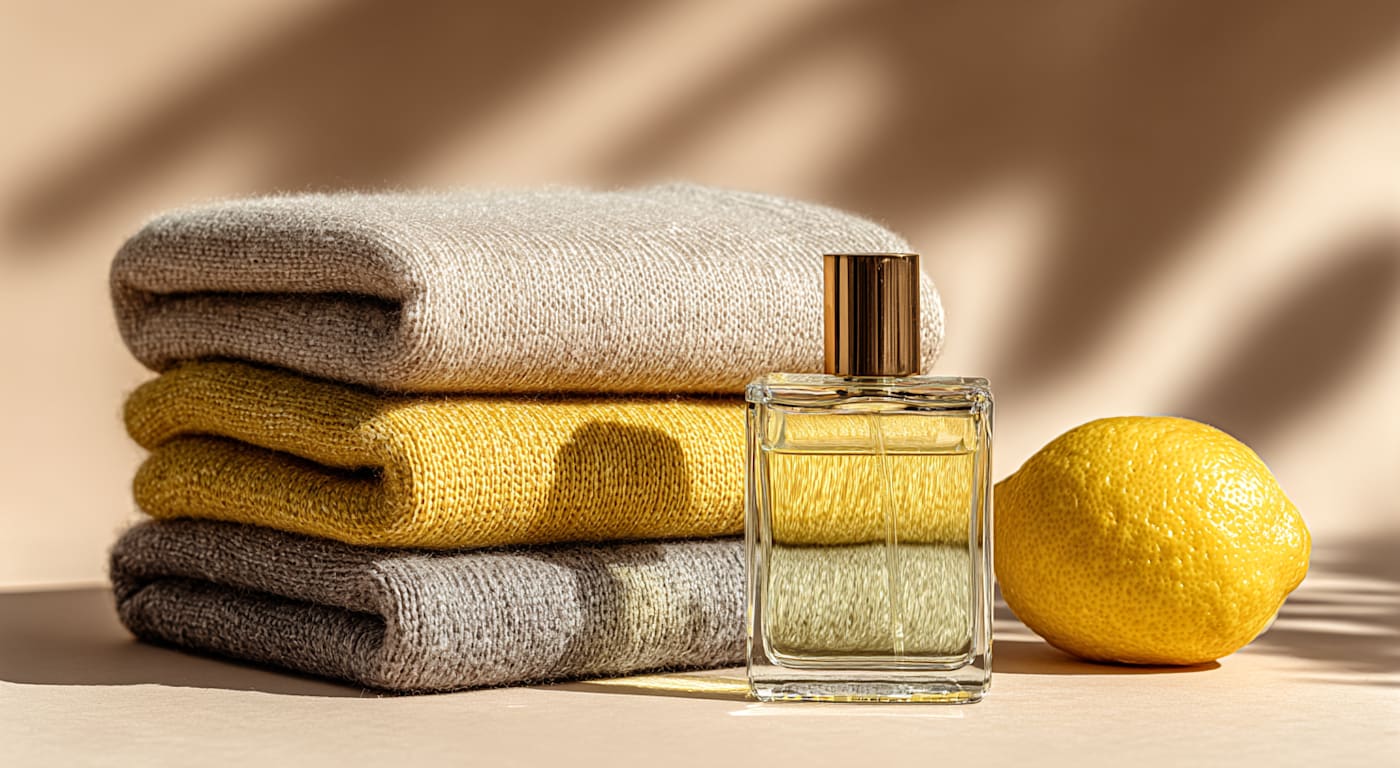 Stapel Kleidung neben Flasche Parfüm und Zitrone