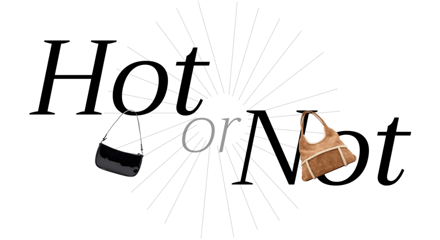 Schriftzug "Hot or Not" mit Handtaschen-Freistellern, Lacktasche und Faux Fur-Handtasche im Hintergrund