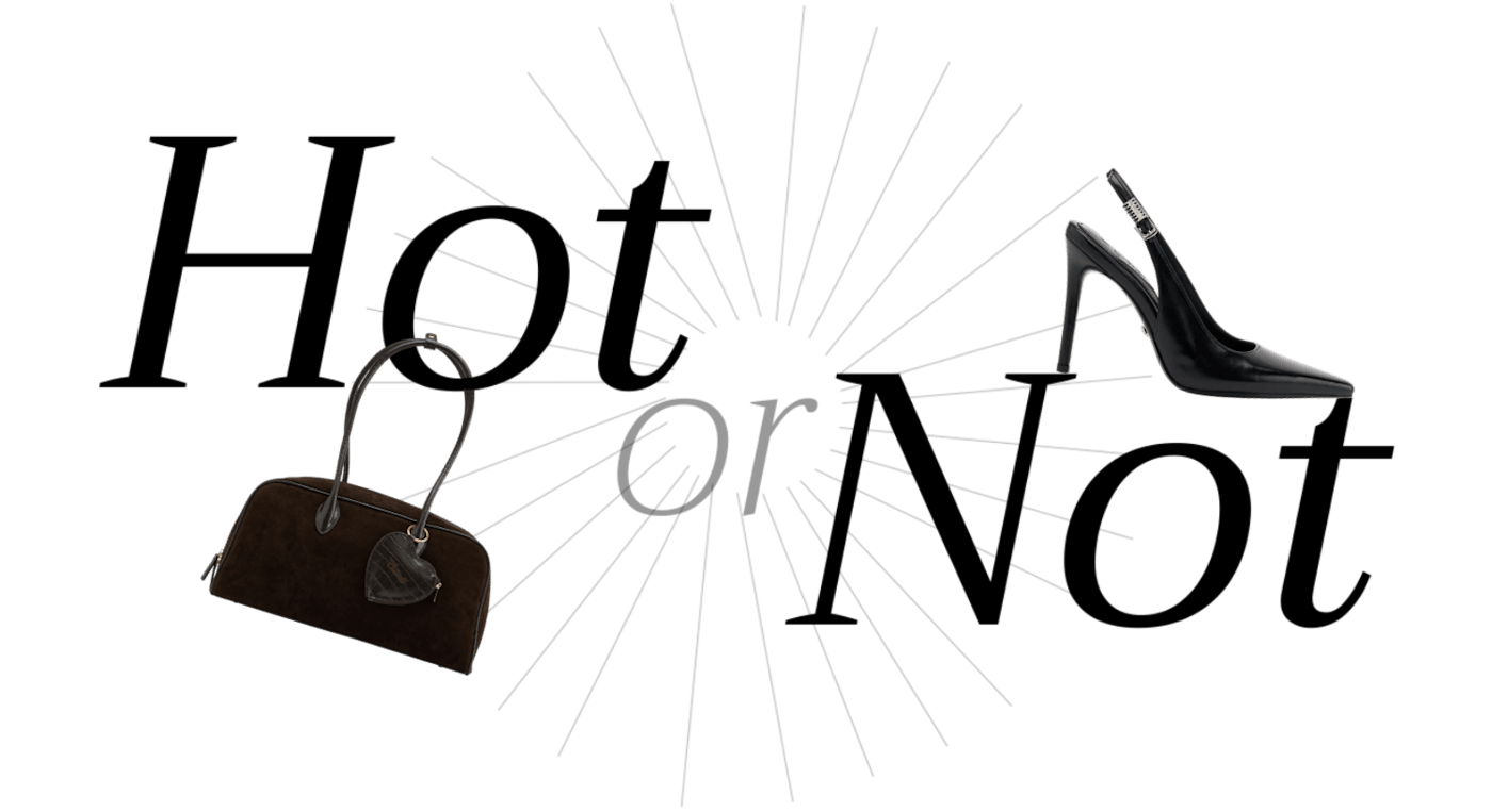 "Hot or Not"-Schriftzug mit schwarzer Handtasche und High Heel im Bild