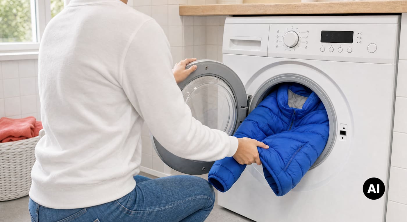 Person legt blaue Daunenjacke in Waschmaschine