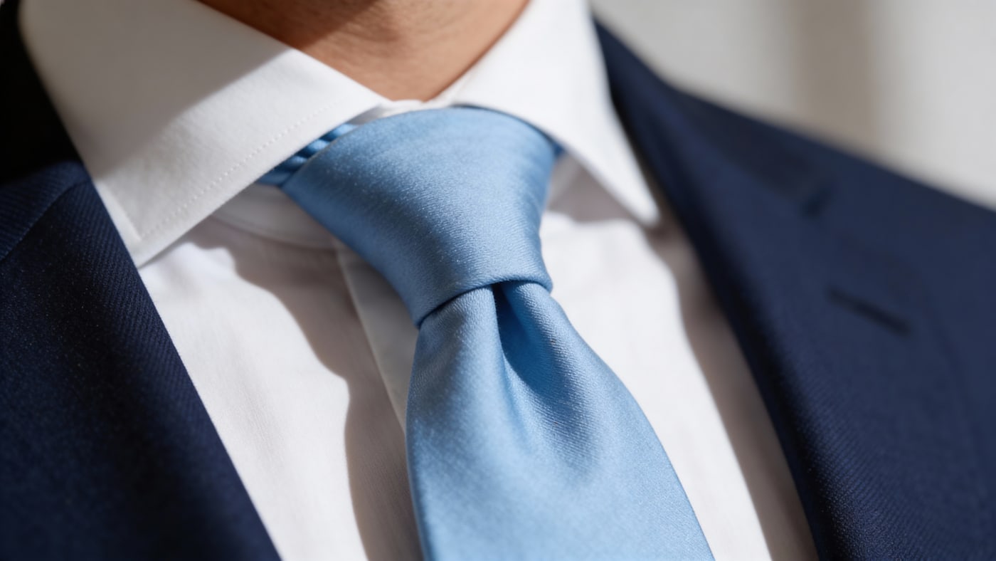 Close-Up eines Mannes in Anzug mit elegant gebundener Krawatte in Blau