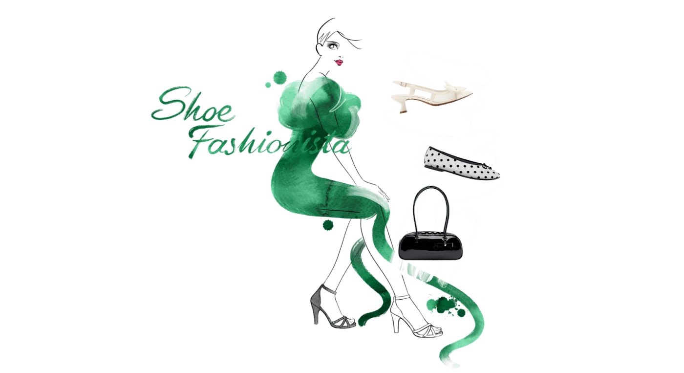 Aquarellartige Illustration einer Figur mit grünem Mantel und schwarzen Pumps, rechts davon Ballerinas, Clutches und Slingbacks