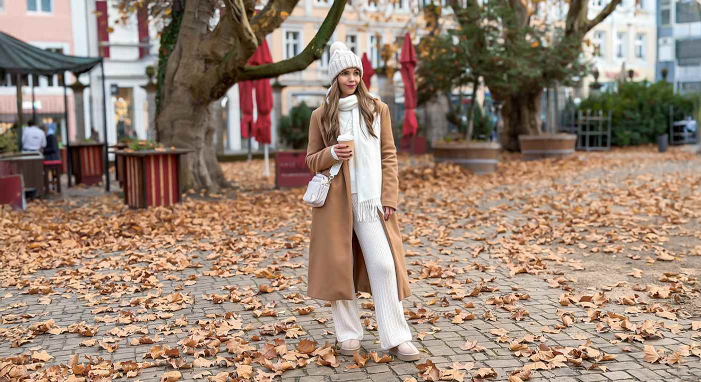 Frau in beige-braunem Kuschel-Outfit, stehend auf Straße voller Blätter