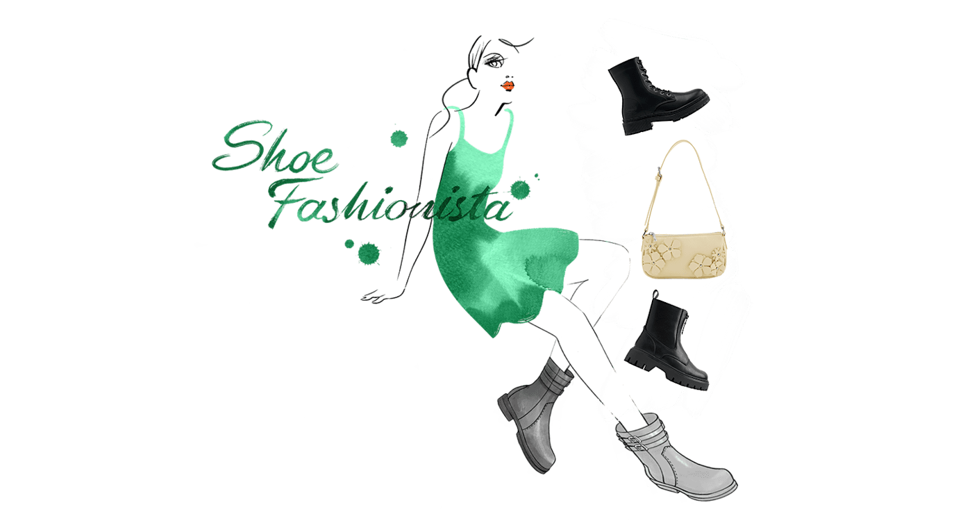 Grüne Aquarell-Figur mit "Shoe Fashionista"-Schriftzug, Stiefel am rechten Rand
