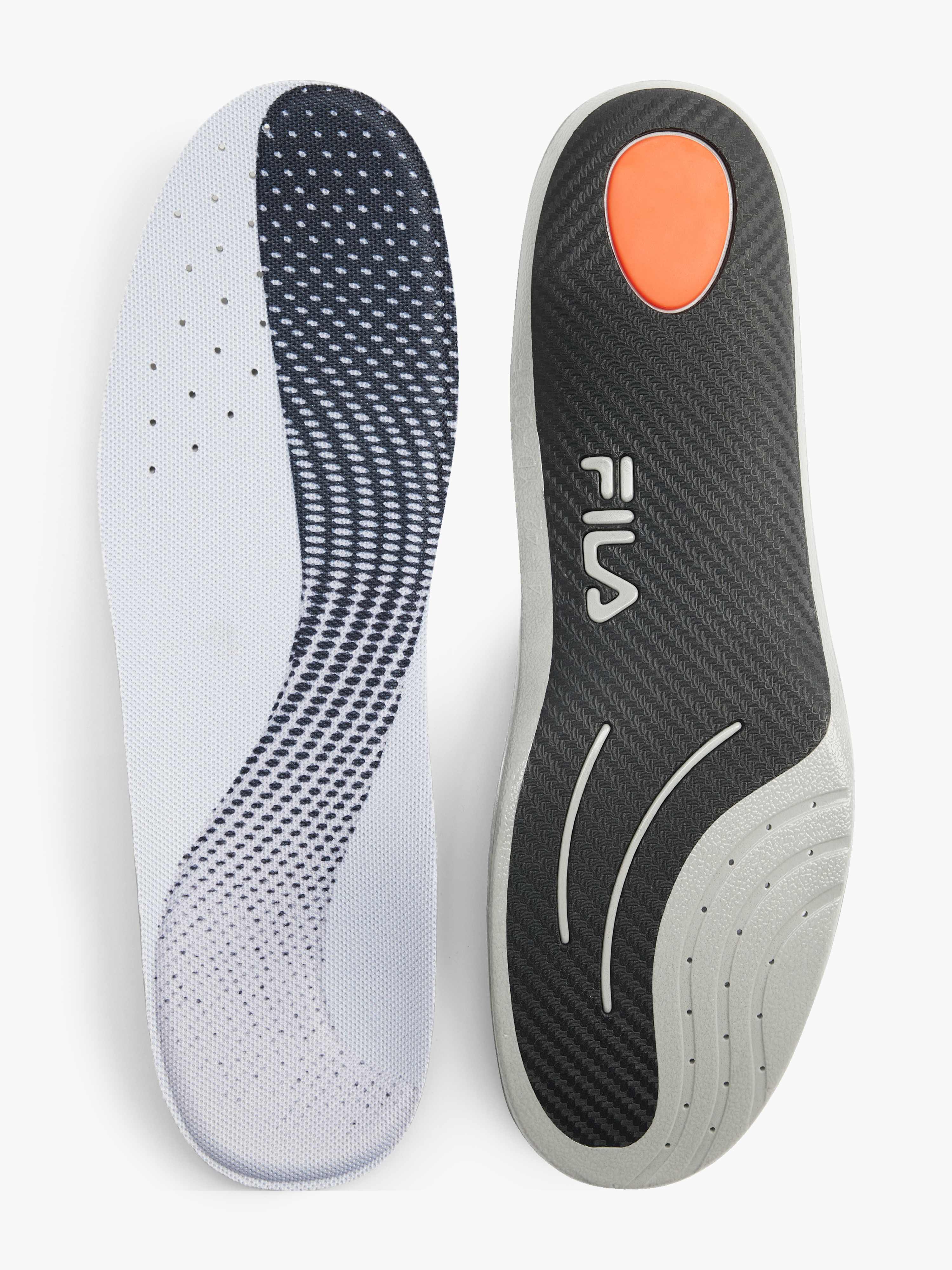 Top-Down-Ansicht zweier ergonomischer Einlegesohlen der Marke FILA, vor weißem Hintergrund