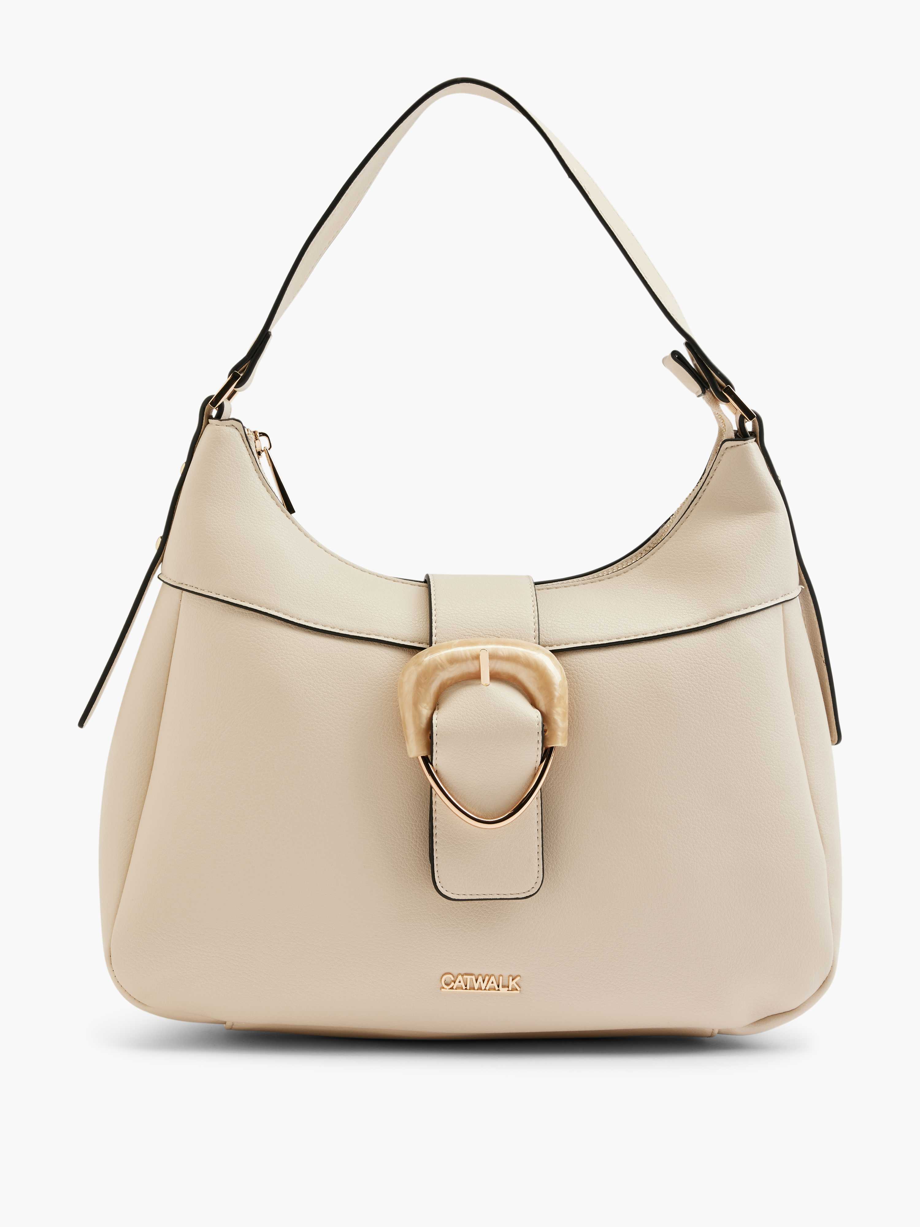 Cremefarbene Handtasche mit kreisförmiger Applikation in Gold 