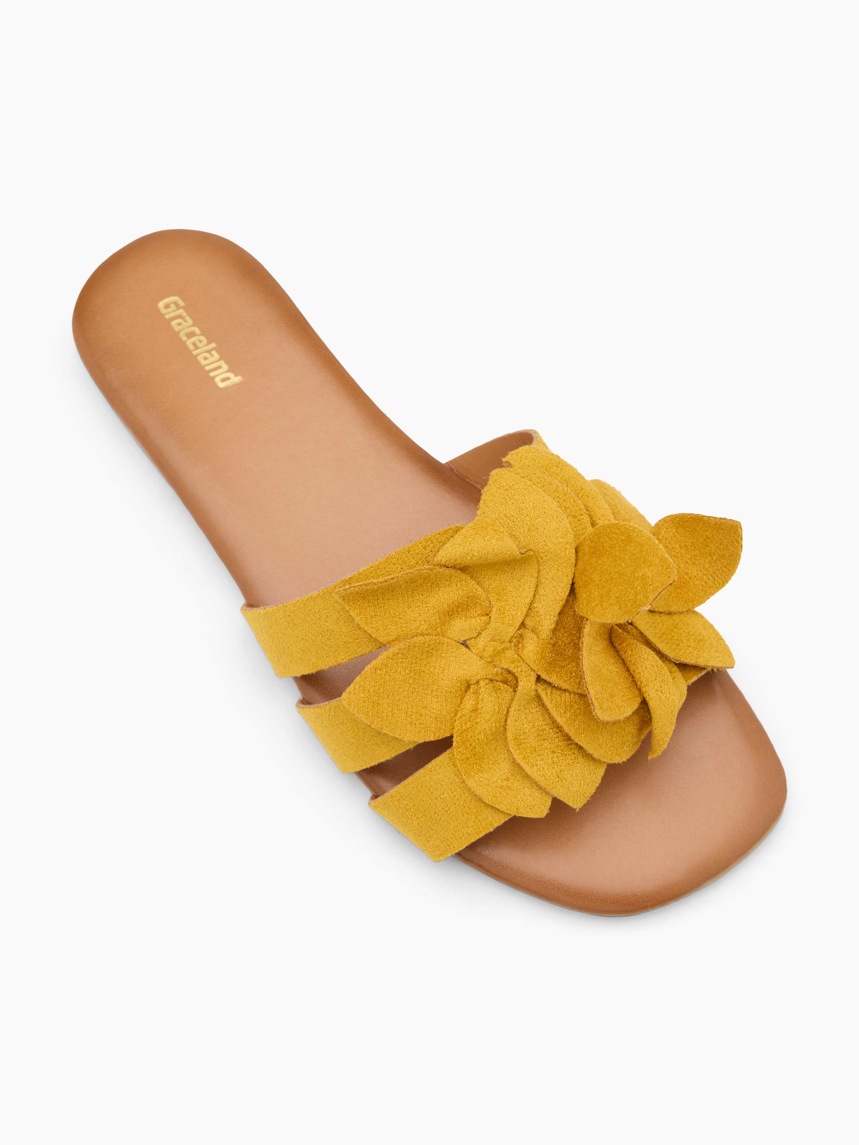 Schlichte Sandale mit senffarbener Blumen-Applikation