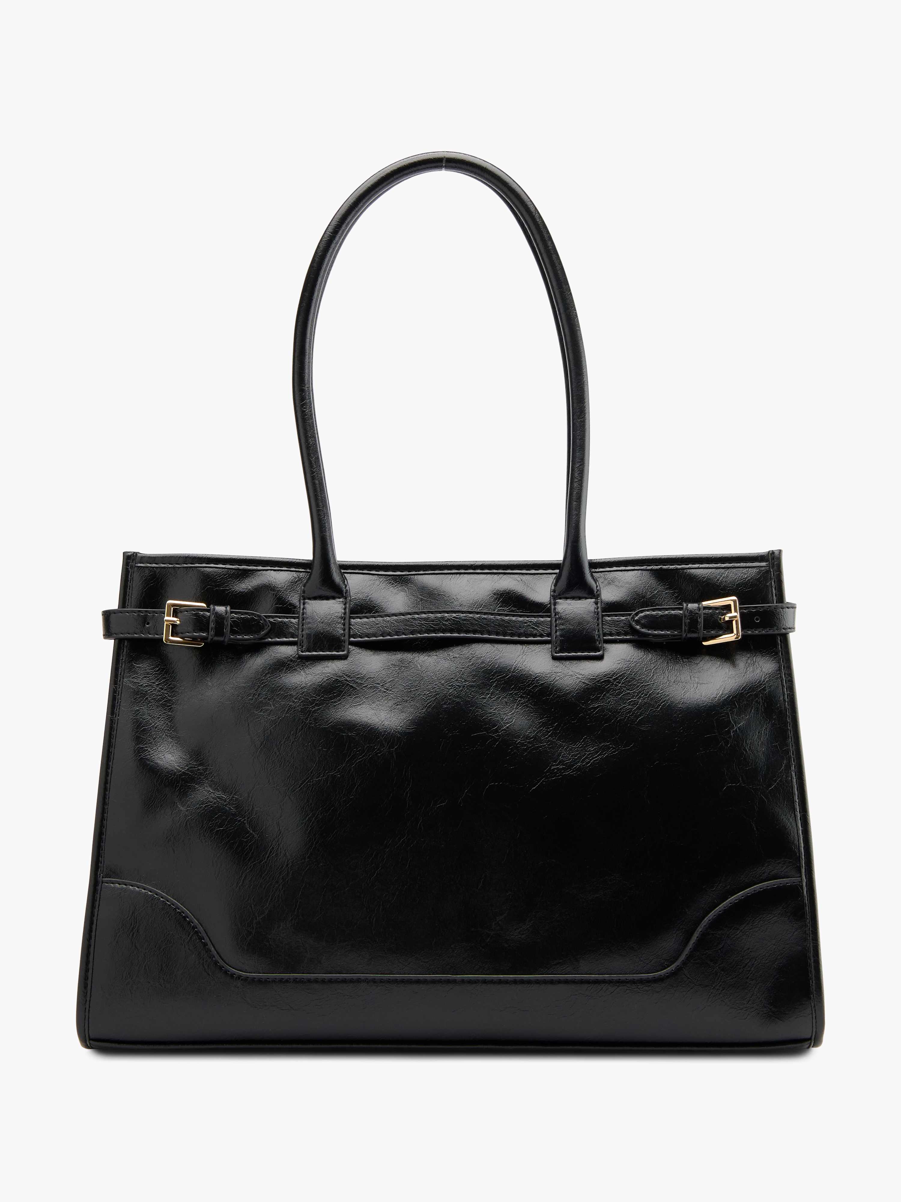 Schwarze Handtasche in Lack-Optik mit zwei Deko-Schnallen aus Metall