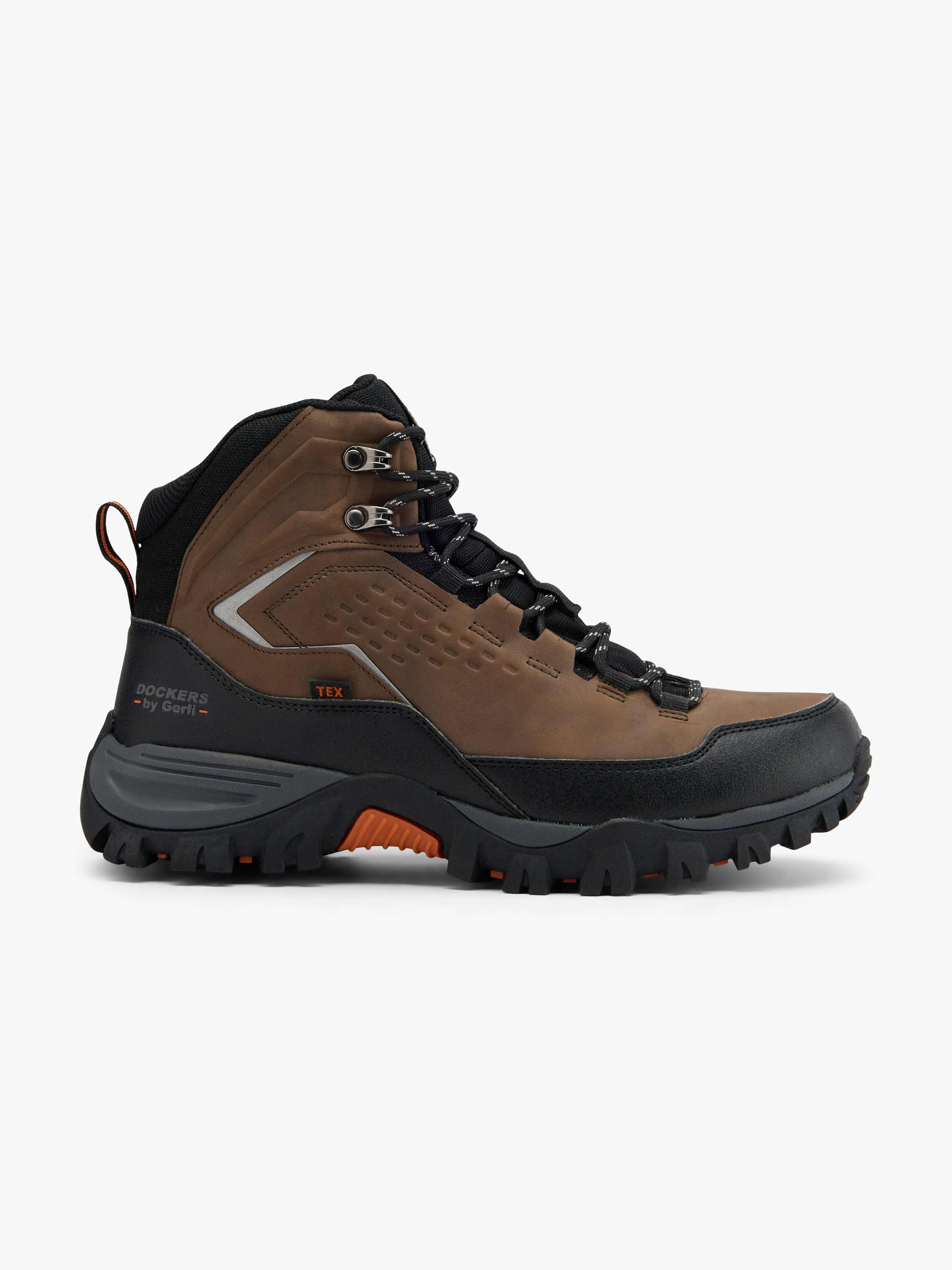 Dunkelbraune Boots mit kleinen orangenen Details