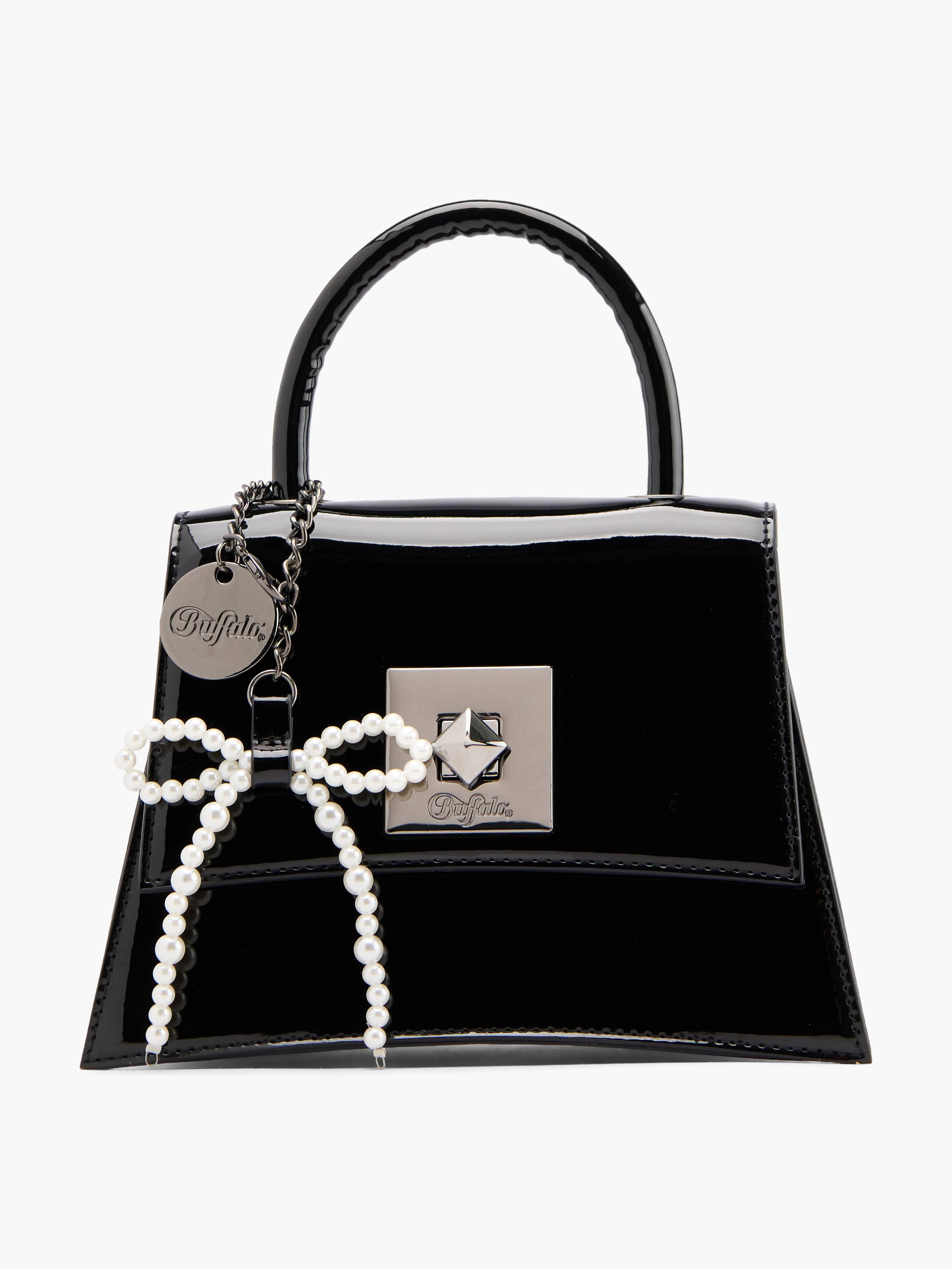 Tiefschwarze Lack-Handtasche mit silberner Applikation und Schleife