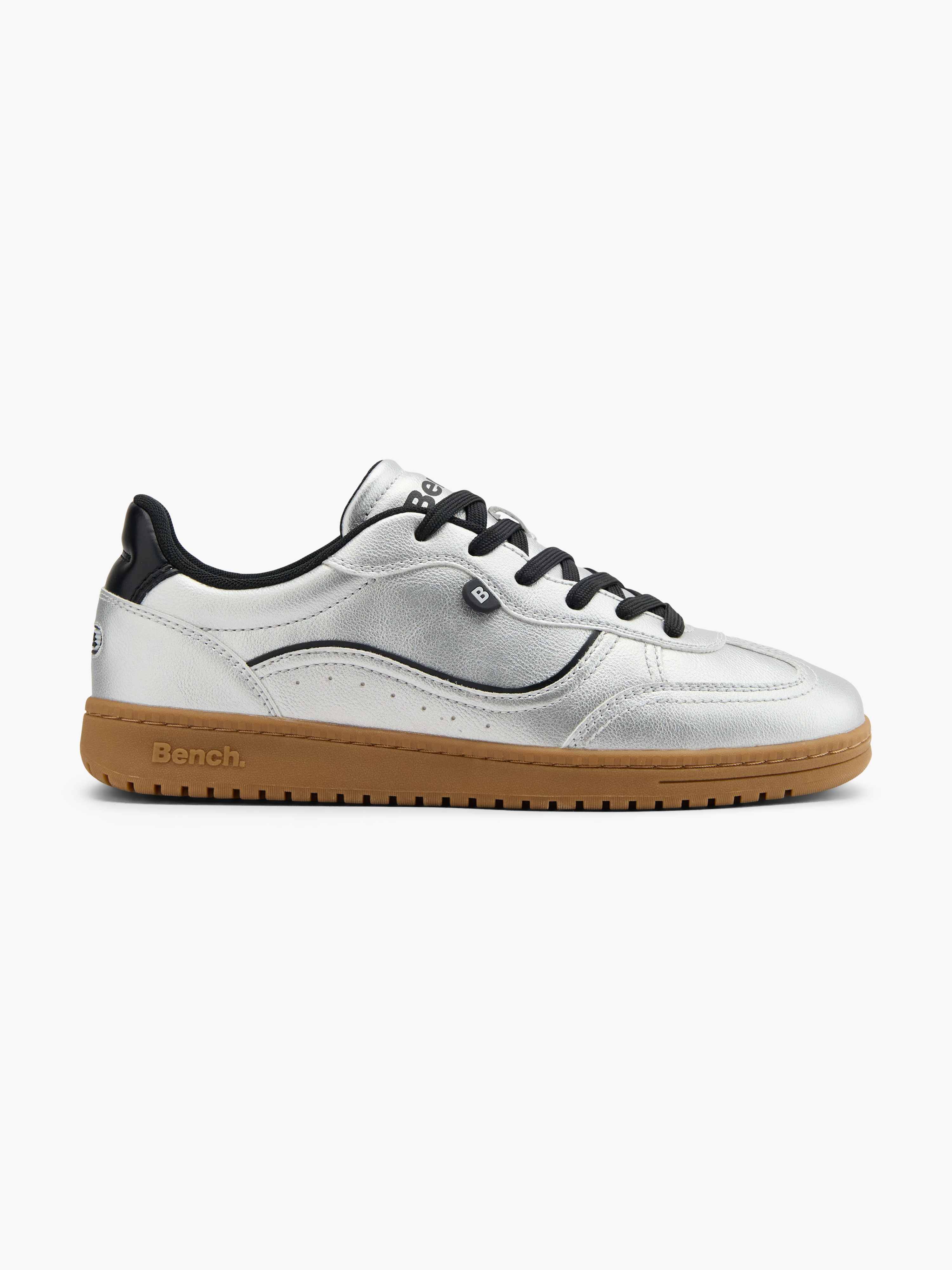 Eleganter Sneaker-Schuh mit silberner Oberfläche und schwarzer Schnürung