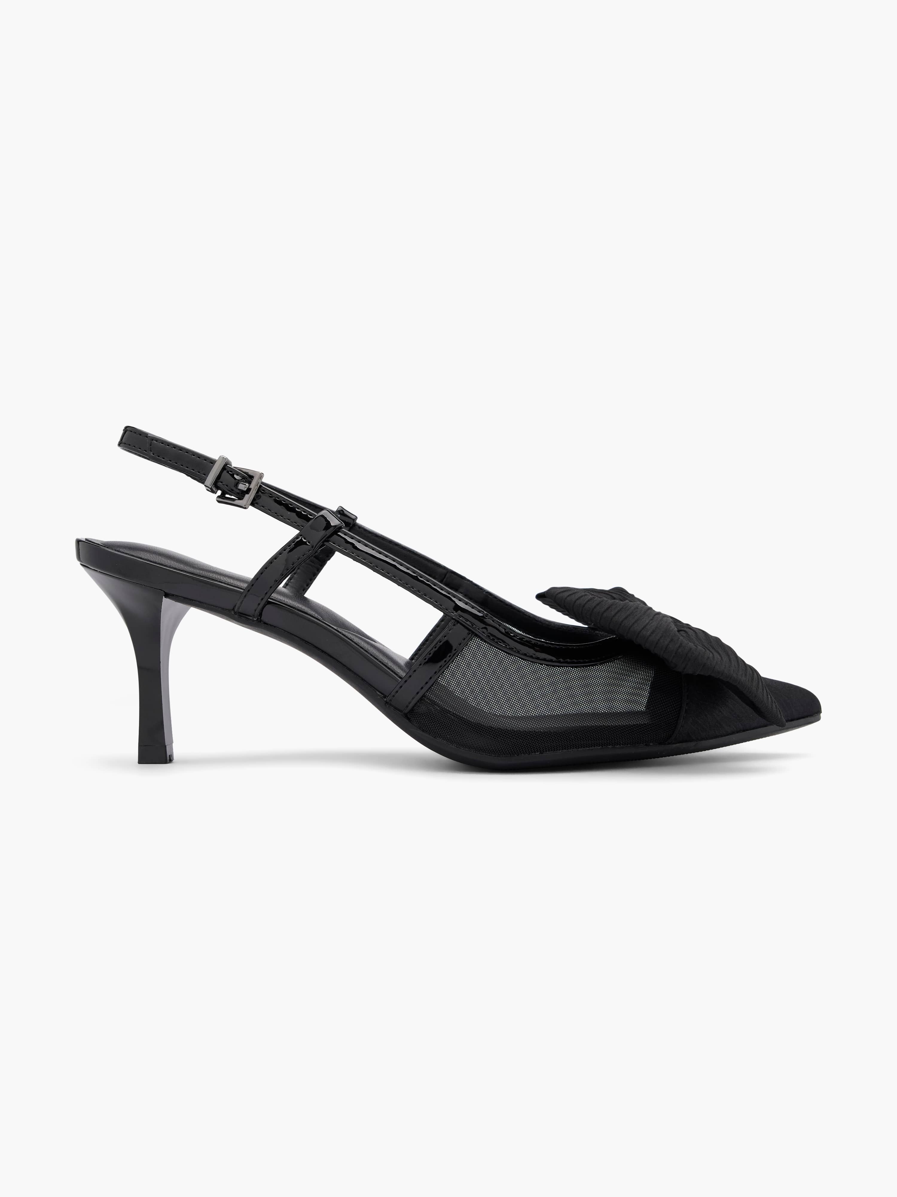 Schwarzer Slingback-Pumps mit Netz und Schleife