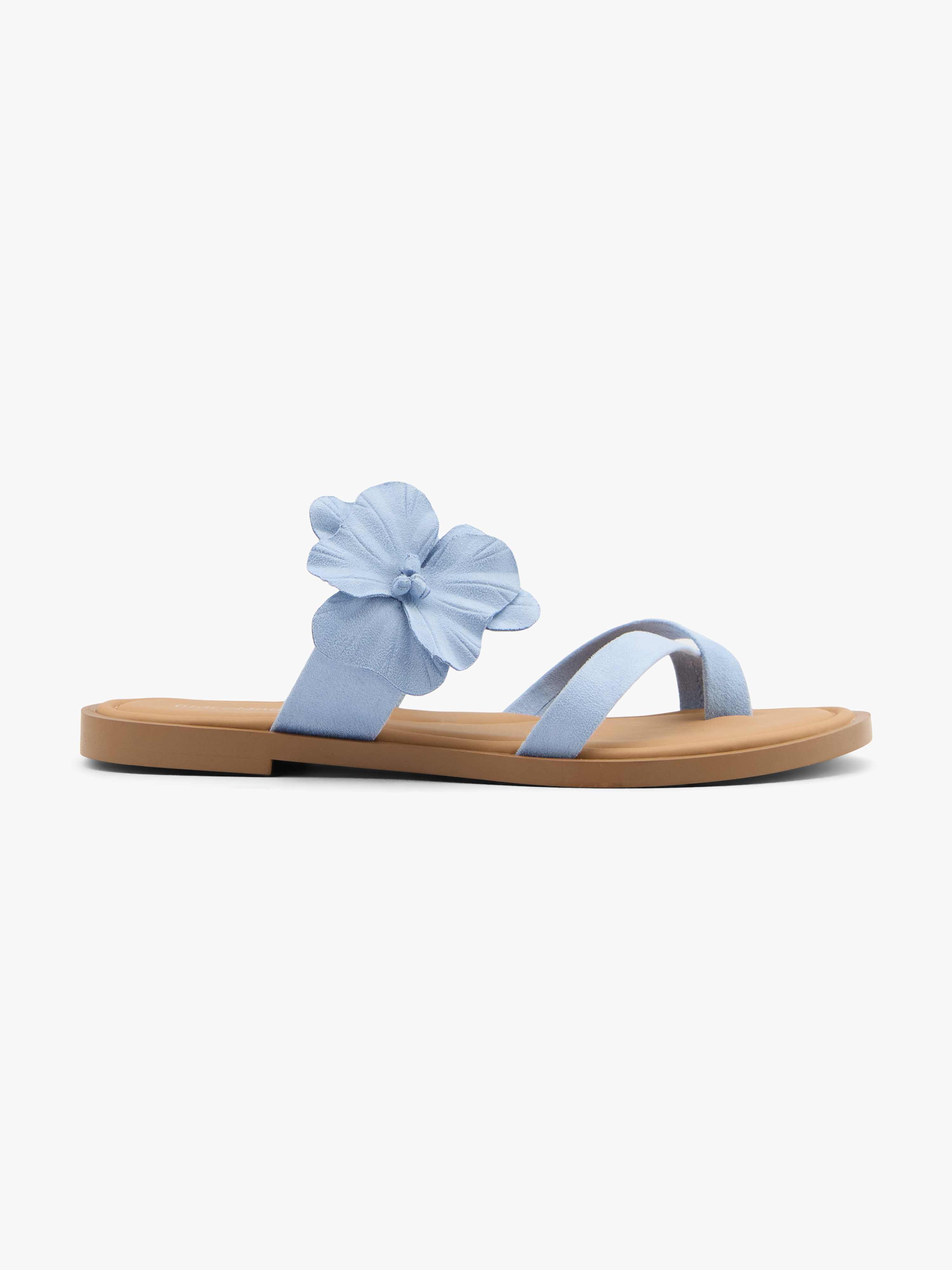Sandale mit blauen Bändern und Blumen-Applikation