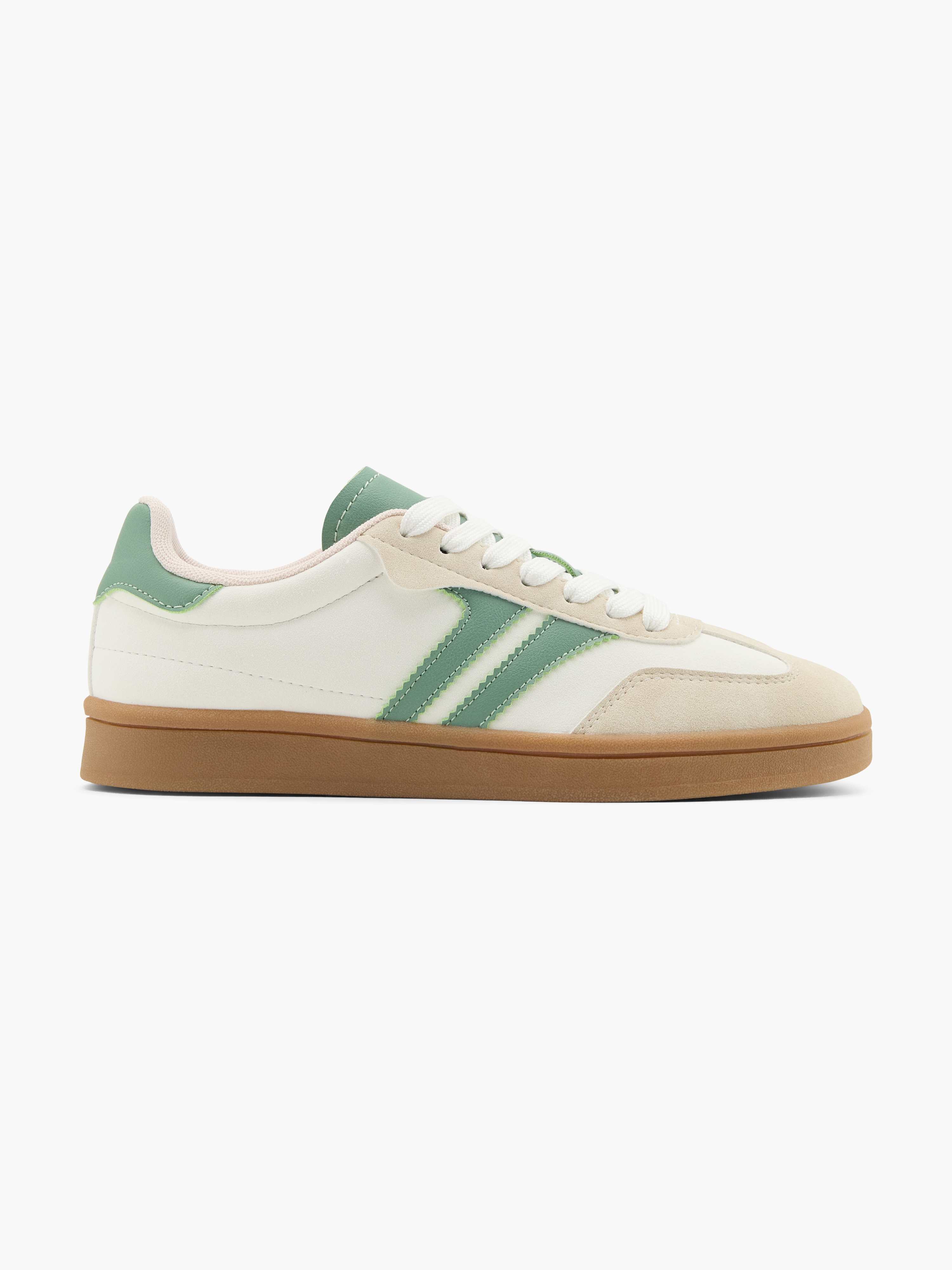 Weißer Sneaker mit grünen Streifen und Akzenten, mit Gummisohle