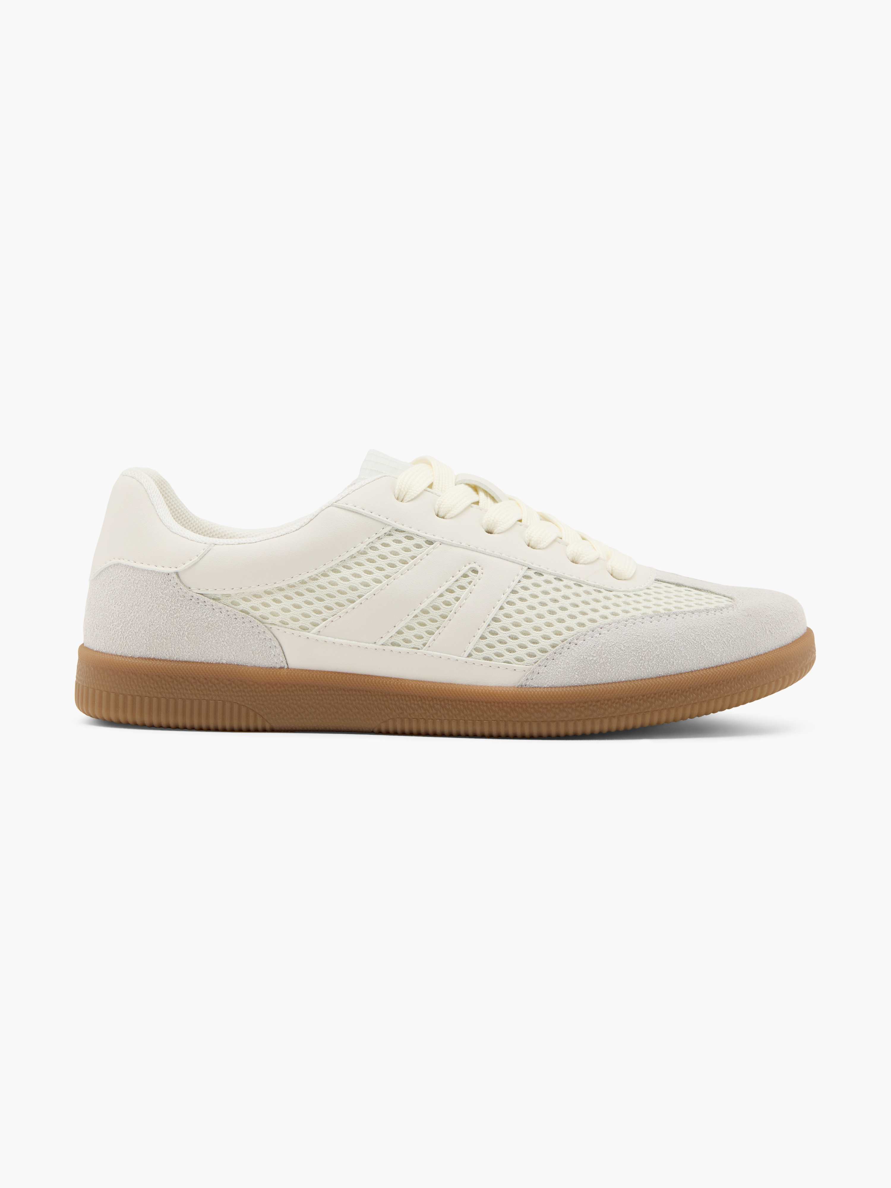 Flacher weißer Sneaker mit brauner Gum Sole